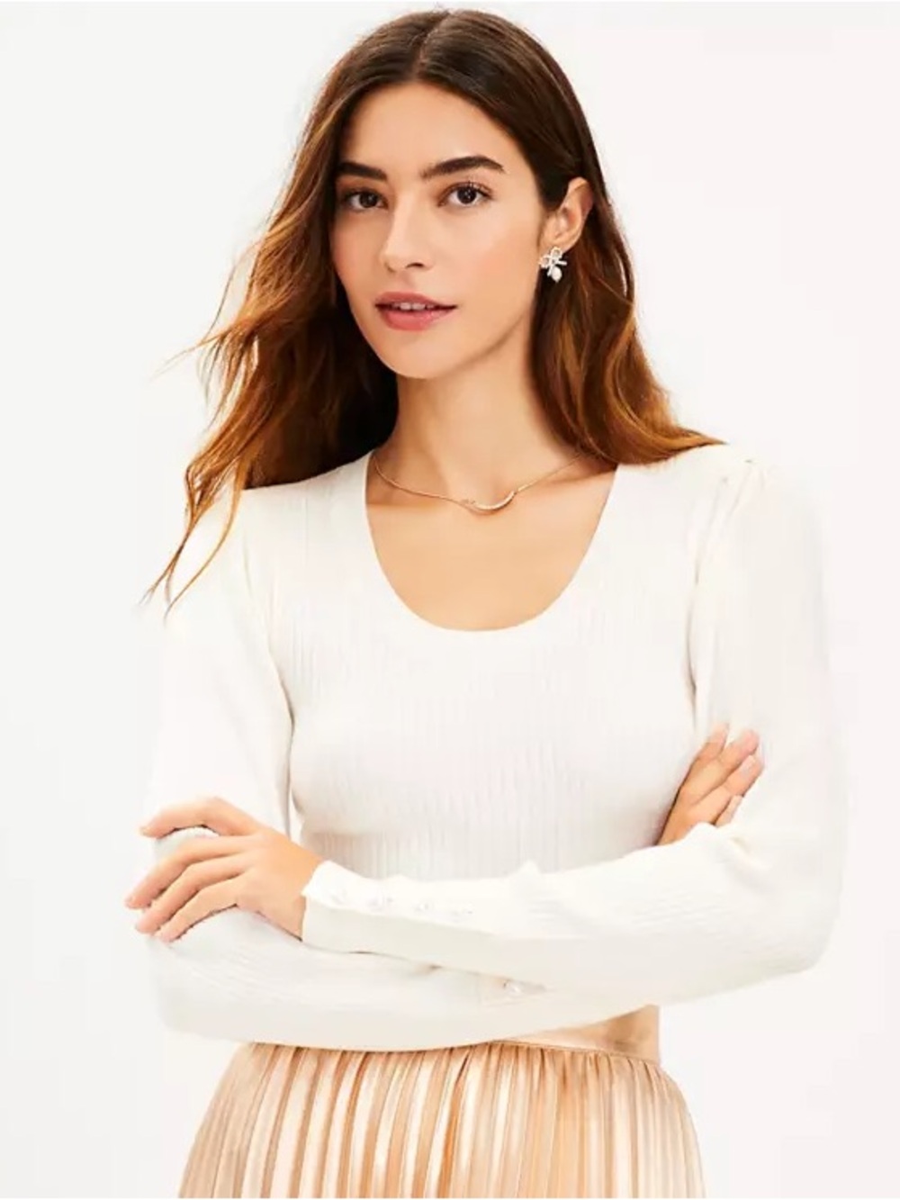 NWT Loft Women’s Cream Scoop Neck Ribbed Long-Sleeve Top Pearl Cuff M